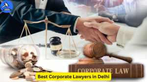 Visual representation of legal services featuring handshake, gavel, law book, scales of justice, and coins — symbolizing corporate law and financial matters handled by the Best Corporate Lawyers in Delhi.