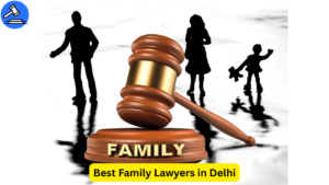 Illustration of a gavel labeled "Family" with silhouettes of a family in the background, symbolizing legal disputes, representing the Best Family Lawyers in Delhi.