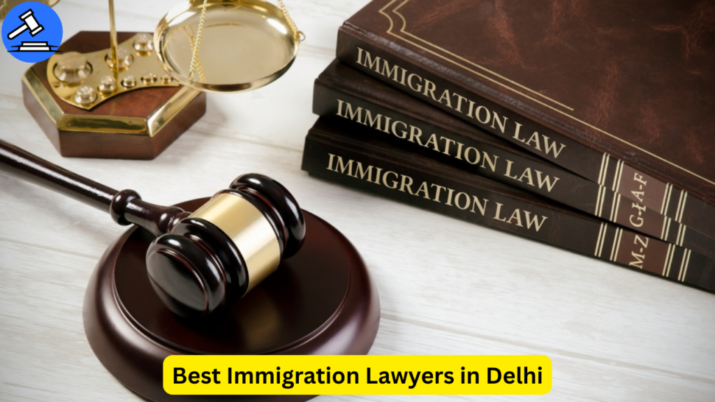 Wooden gavel, legal scale, and immigration law books on a desk – symbolizing expert legal services by the best immigration lawyers in Delhi.
