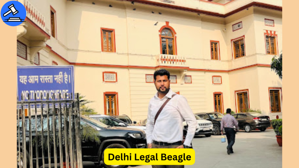 Exterior view of Delhi Legal Beagle office with a lawyer standing outside the court premises — trusted property lawyer in Delhi.